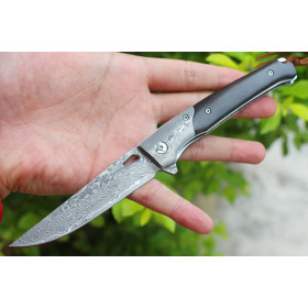 Damascus Steel Cheetah Outdoor Folding Blade Ebony Handle Camping Hunting Pocket Knife UD405517